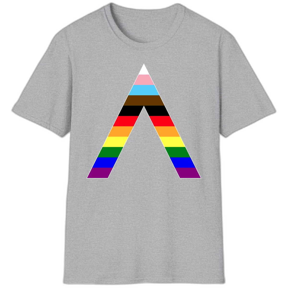 Rainbow pride pyramid with horizontal stripes in traditional pride colors and nested triangle cutout design in Sport Grey