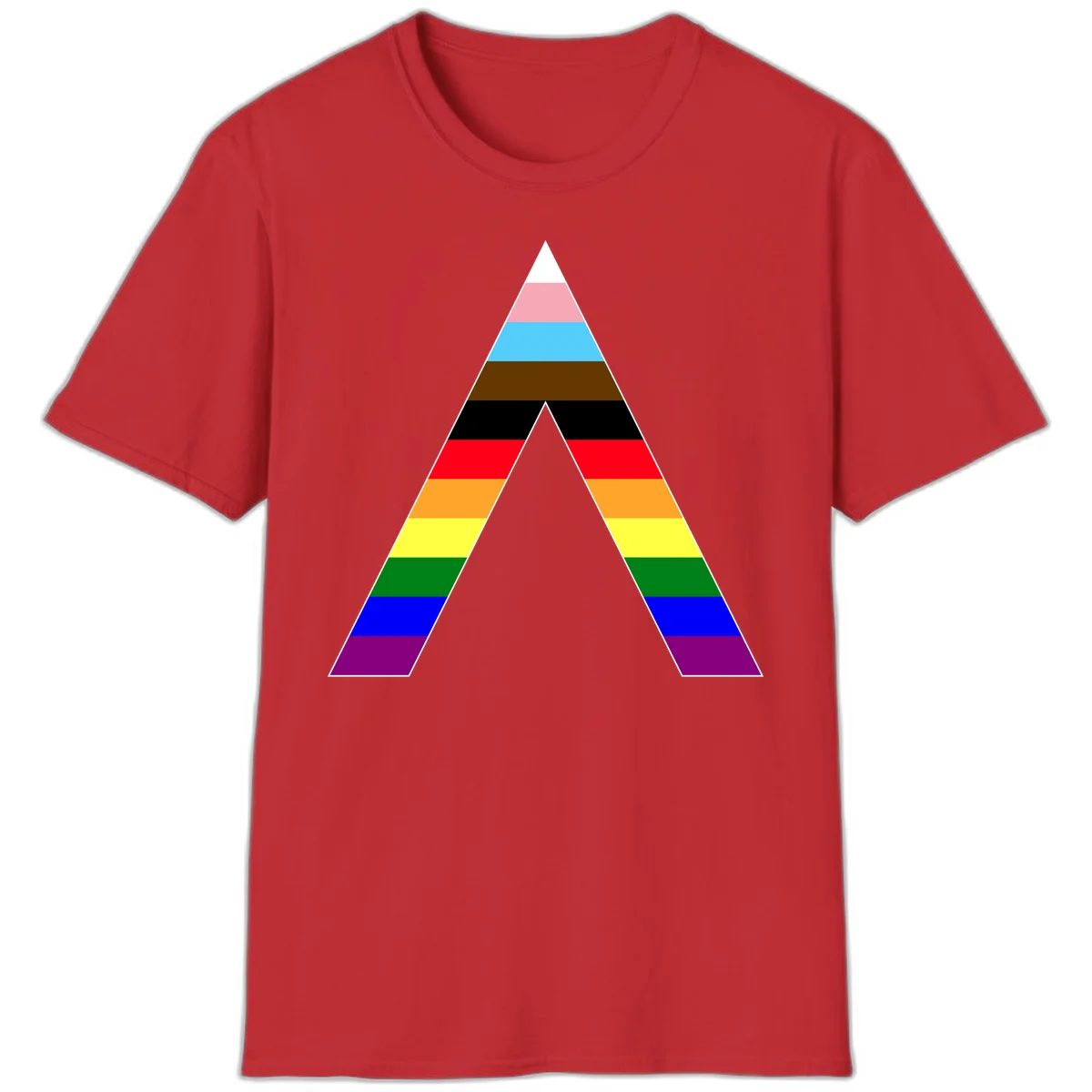 Rainbow pride pyramid with horizontal stripes in traditional pride colors and nested triangle cutout design in Red