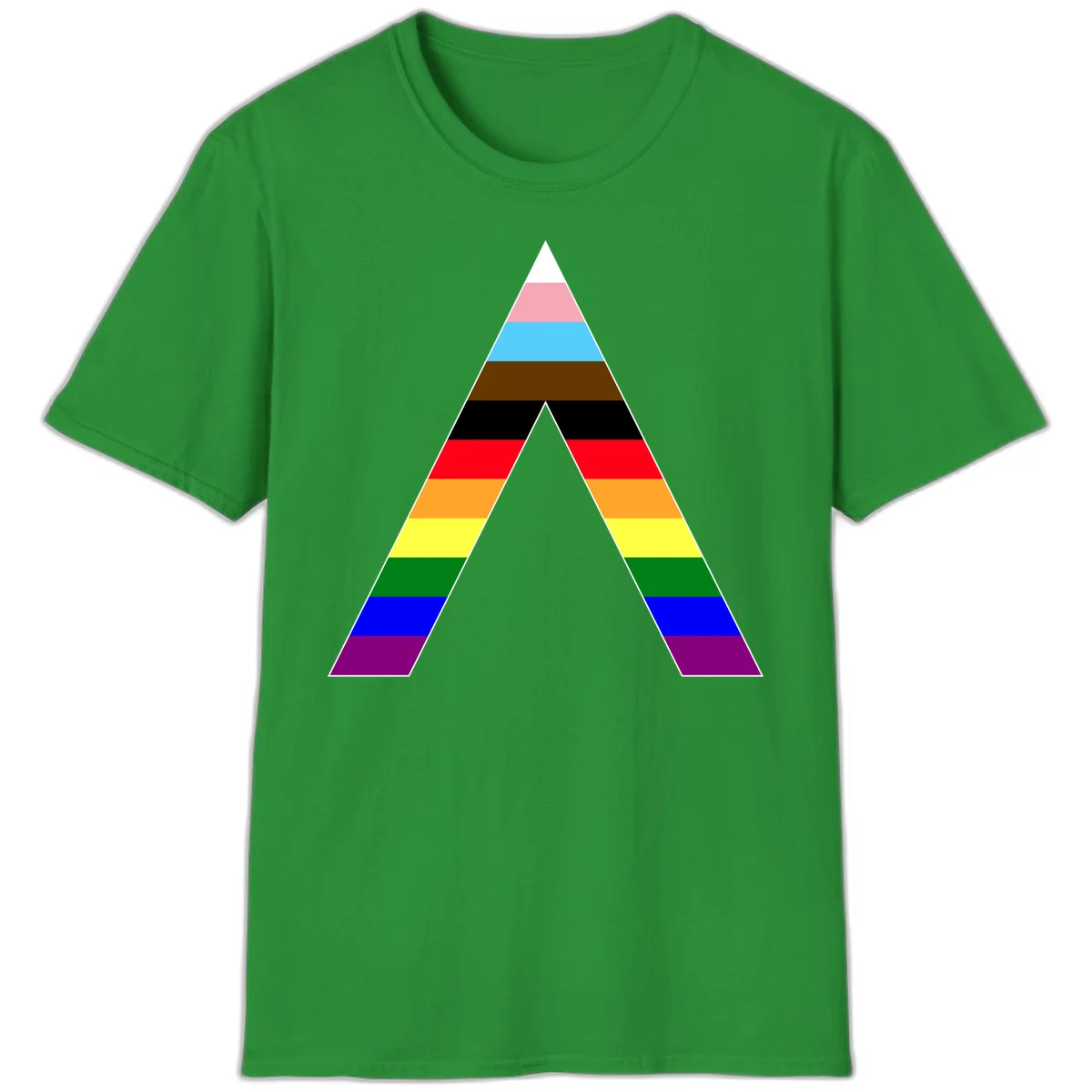 Rainbow pride pyramid with horizontal stripes in traditional pride colors and nested triangle cutout design in Irish Green