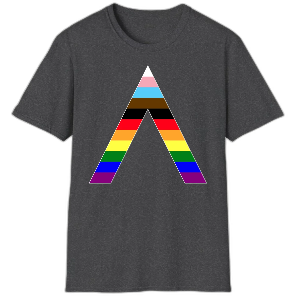 Rainbow pride pyramid with horizontal stripes in traditional pride colors and nested triangle cutout design in Dark Heather