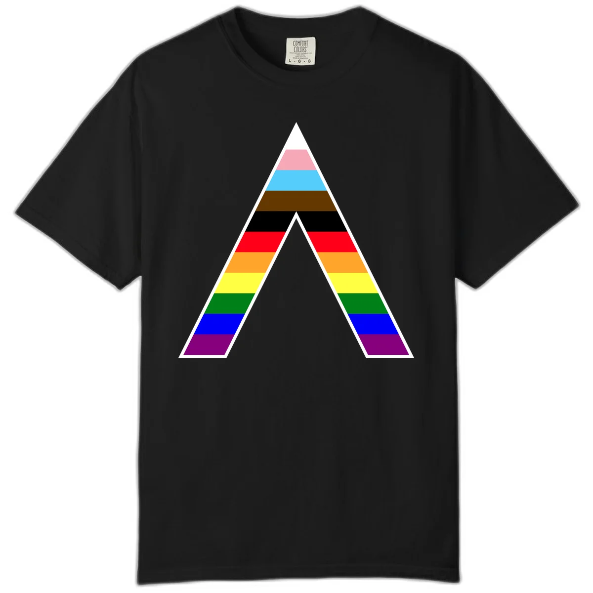 Geometric rainbow pride pyramid with horizontal color stripes and nested triangle cutout design in Black