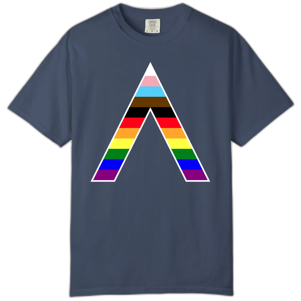 Geometric rainbow pride pyramid with horizontal color stripes and nested triangle cutout design in Midnight
