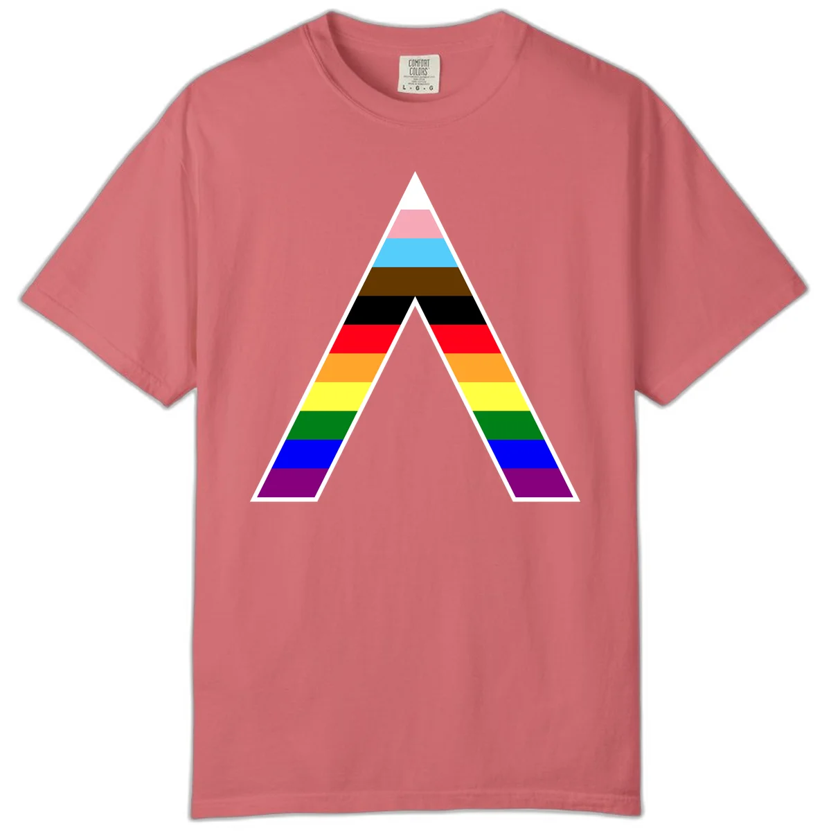 Geometric rainbow pride pyramid with horizontal color stripes and nested triangle cutout design in Watermelon