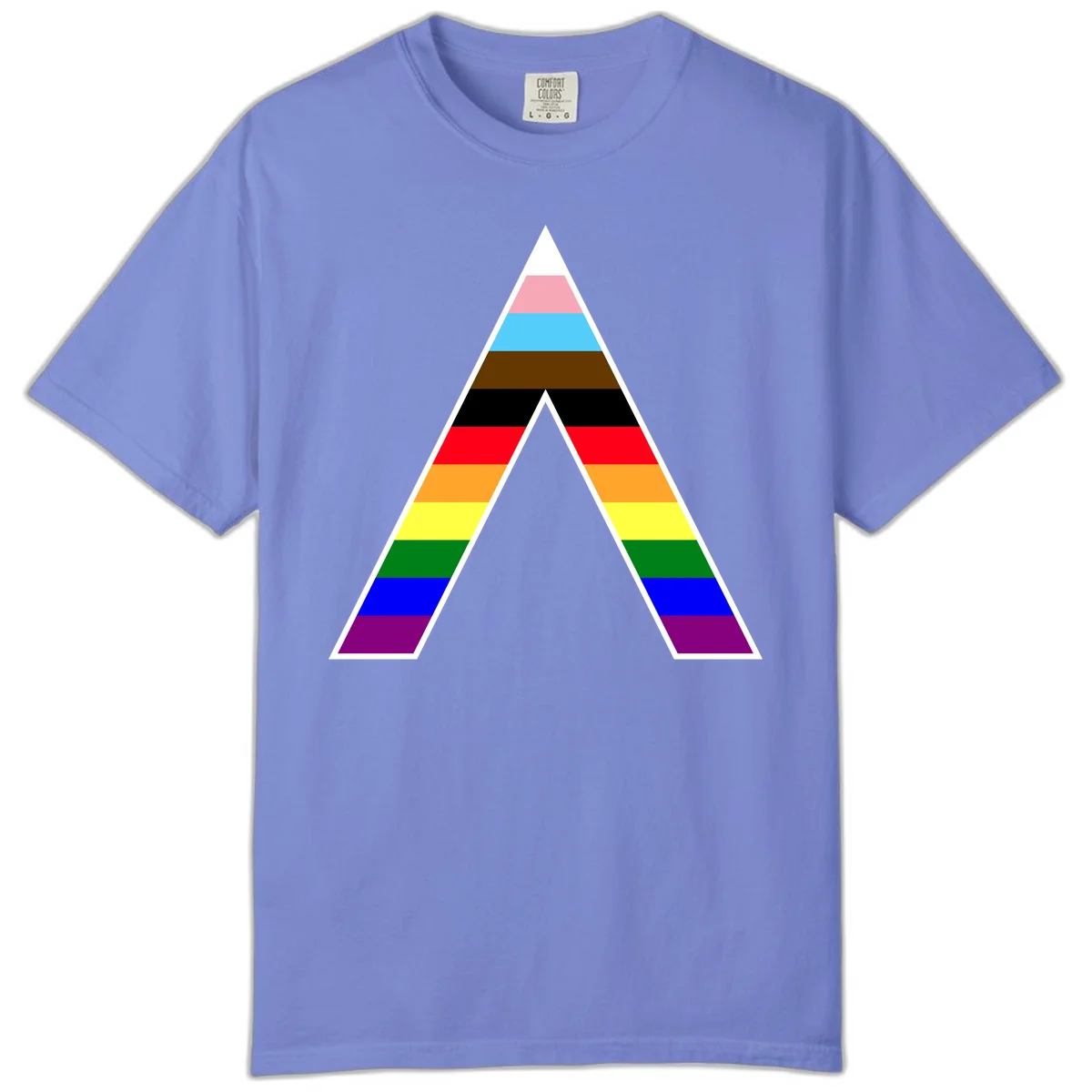 Geometric rainbow pride pyramid with horizontal color stripes and nested triangle cutout design in Flo Blue