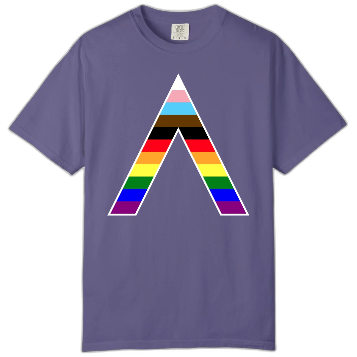 Geometric rainbow pride pyramid with horizontal color stripes and nested triangle cutout design in Grape