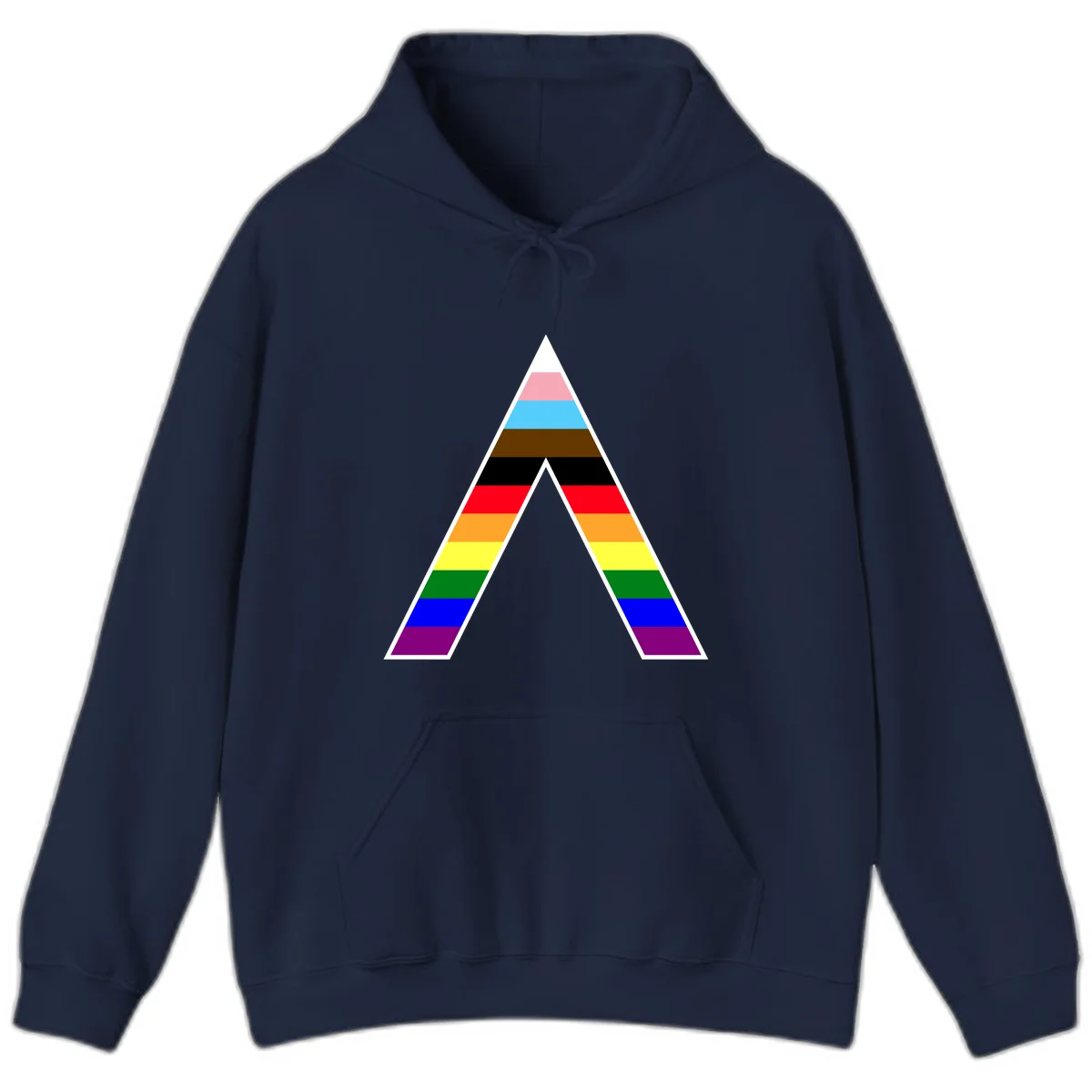 Geometric rainbow pride pyramid with horizontal color stripes and nested triangle cutout design in Navy