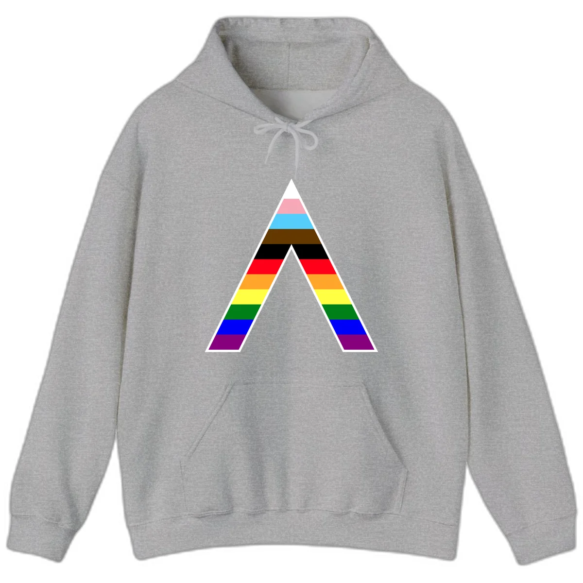 Geometric rainbow pride pyramid with horizontal color stripes and nested triangle cutout design in Sport Grey