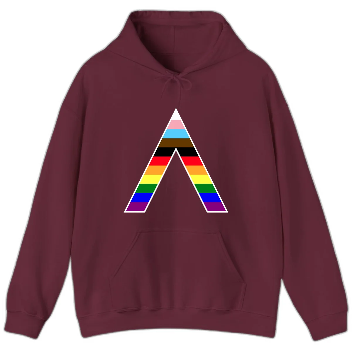 Geometric rainbow pride pyramid with horizontal color stripes and nested triangle cutout design in Maroon