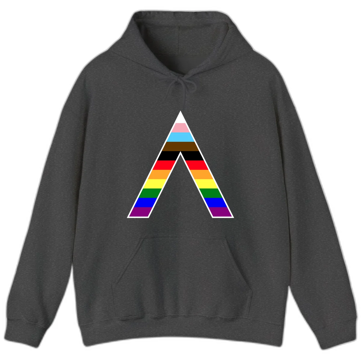 Geometric rainbow pride pyramid with horizontal color stripes and nested triangle cutout design in Dark Heather