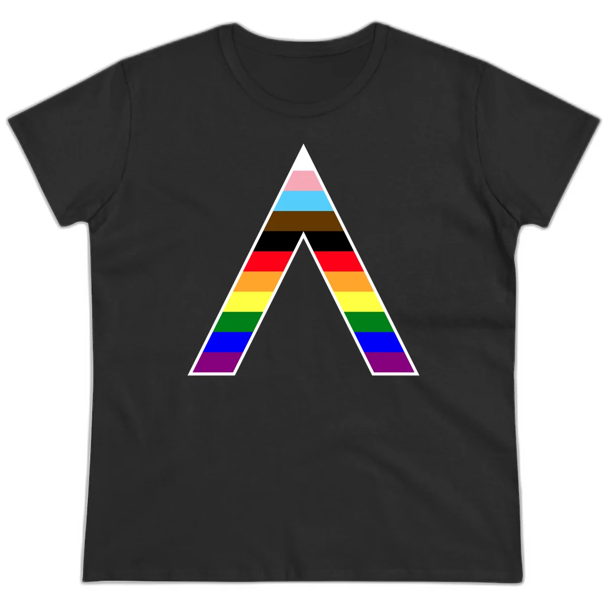 Geometric rainbow pride pyramid with horizontal color stripes and nested triangle cutout design in Black