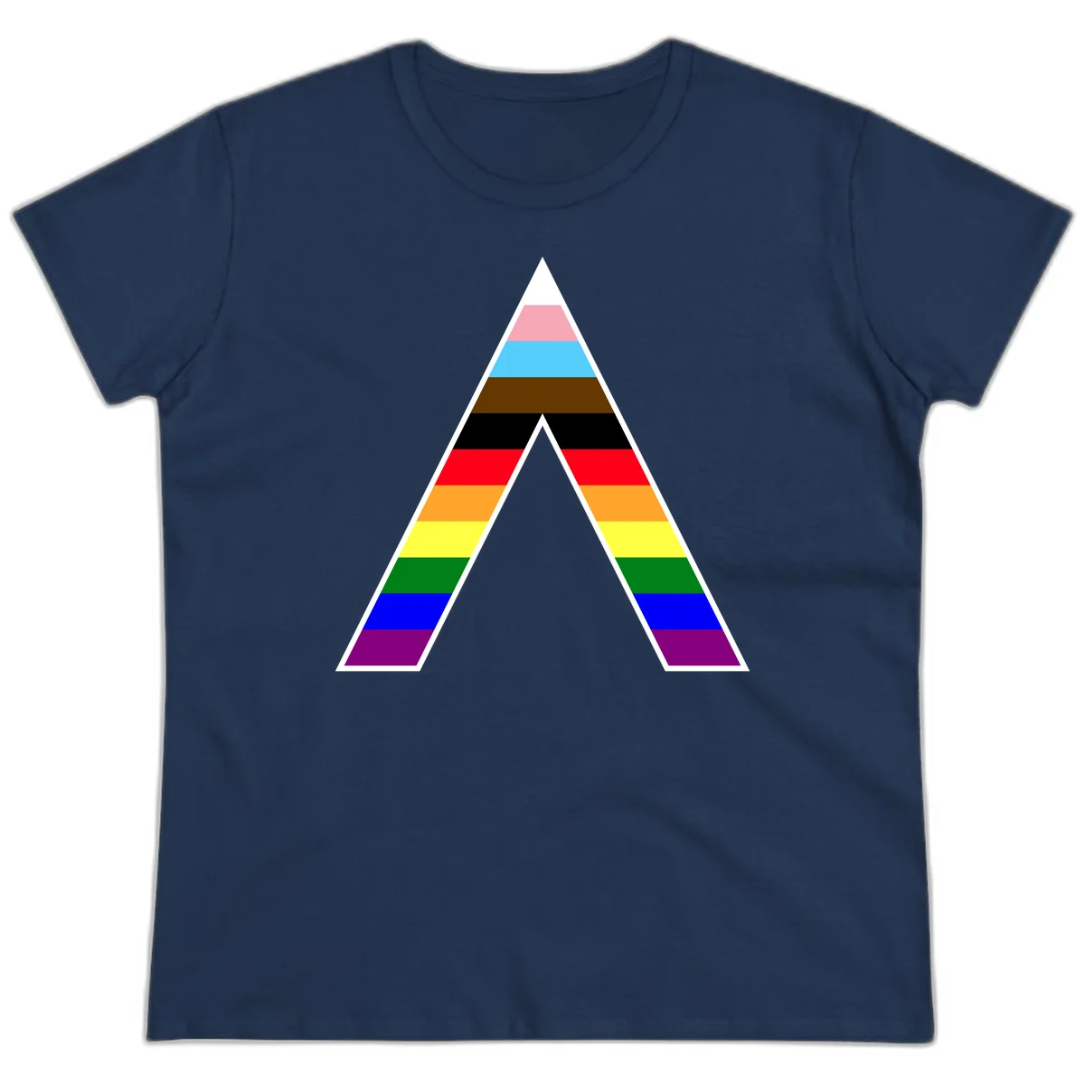 Geometric rainbow pride pyramid with horizontal color stripes and nested triangle cutout design in Navy