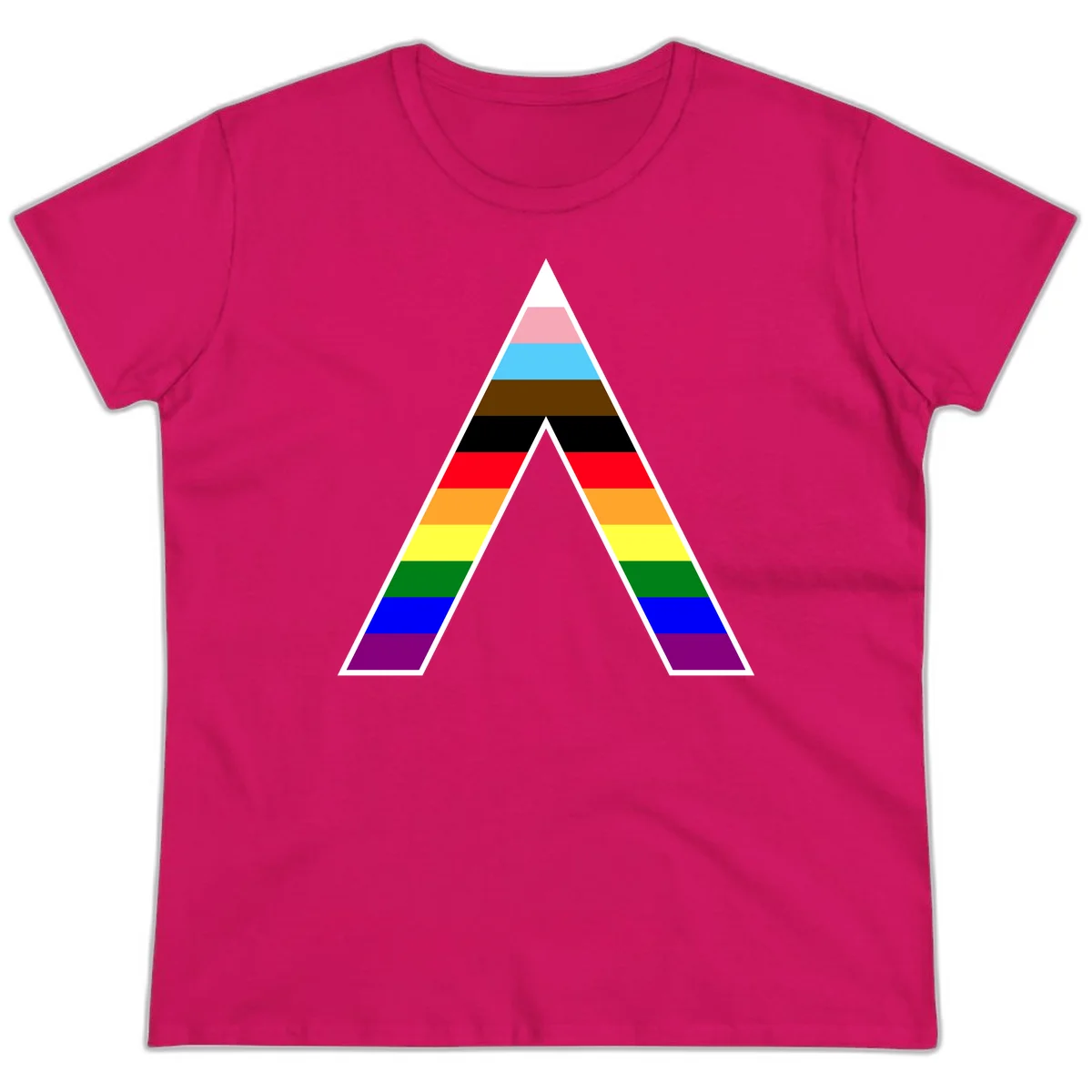 Geometric rainbow pride pyramid with horizontal color stripes and nested triangle cutout design in Heliconia