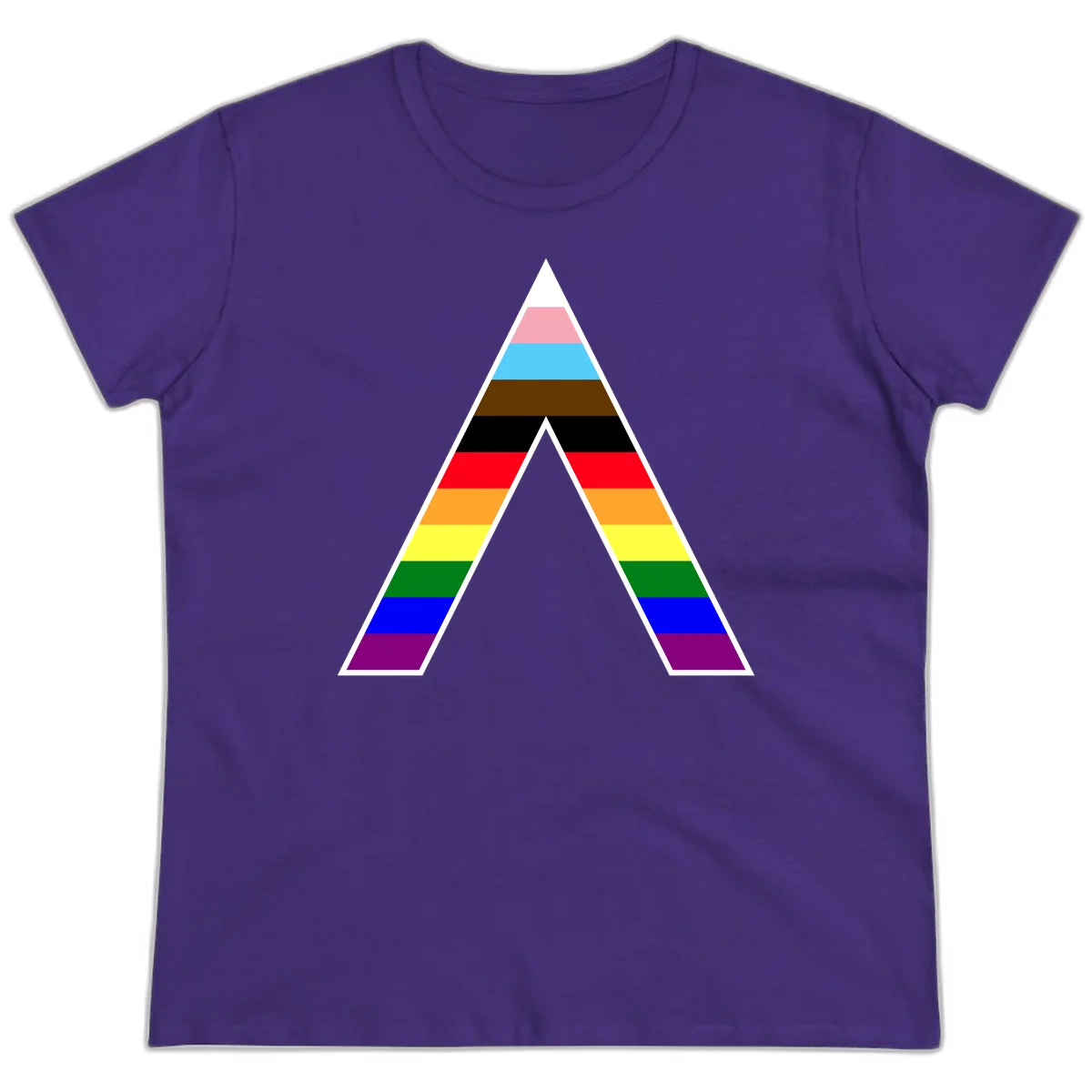 Geometric rainbow pride pyramid with horizontal color stripes and nested triangle cutout design in Purple