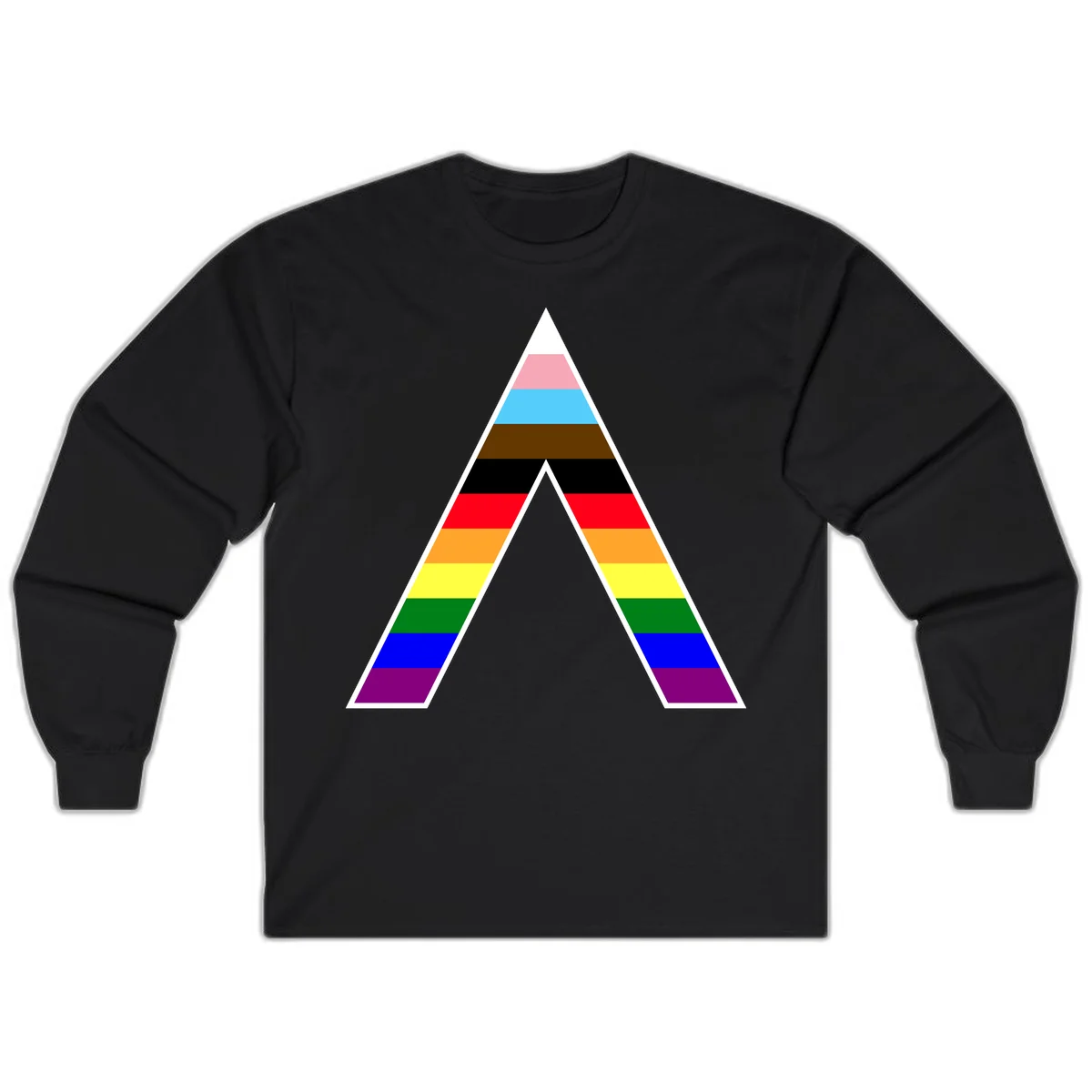 Geometric rainbow pride pyramid with horizontal color stripes and nested triangle cutout design in Black