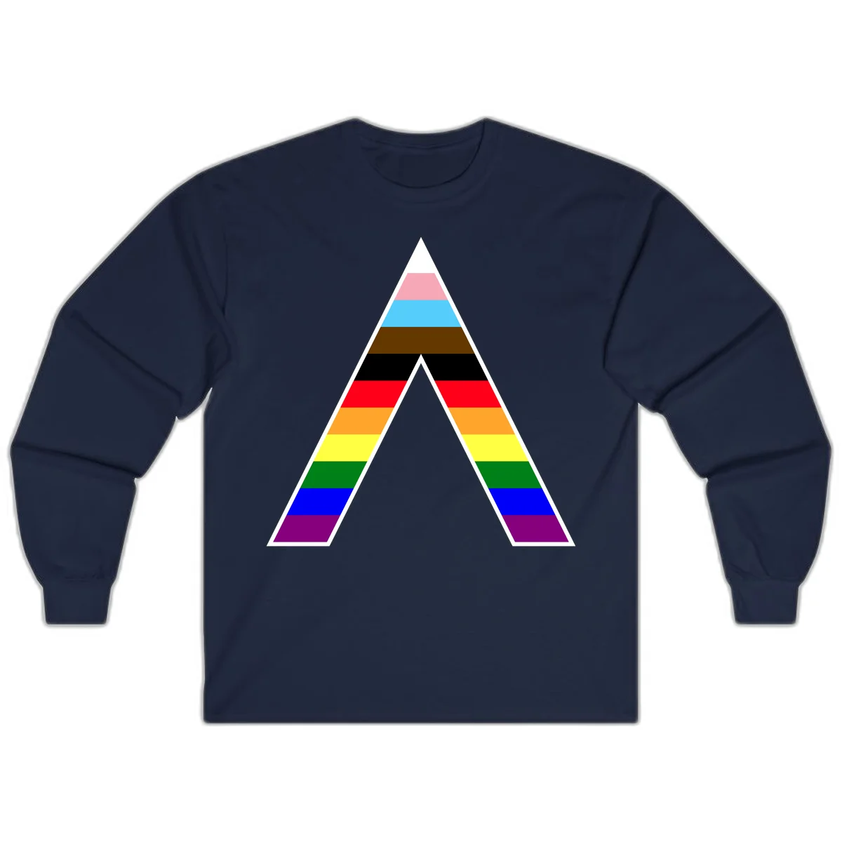 Geometric rainbow pride pyramid with horizontal color stripes and nested triangle cutout design in Navy