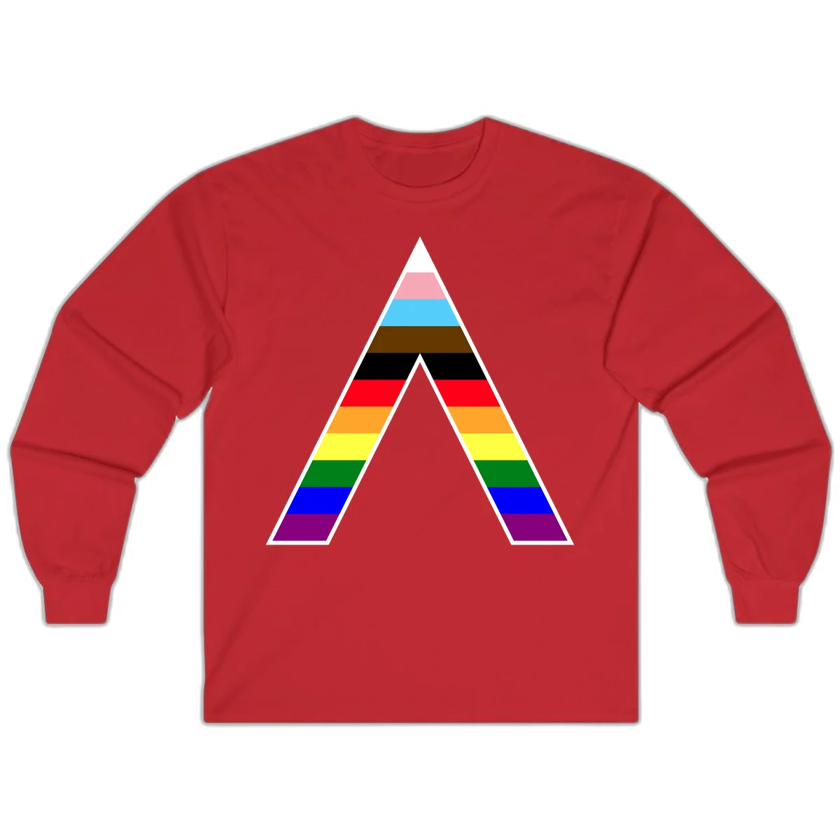 Geometric rainbow pride pyramid with horizontal color stripes and nested triangle cutout design in Red