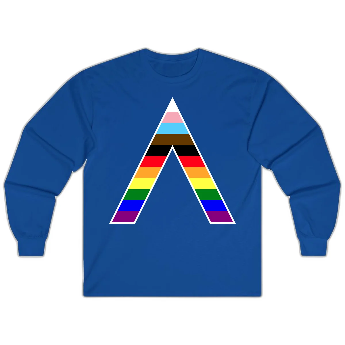 Geometric rainbow pride pyramid with horizontal color stripes and nested triangle cutout design in Royal