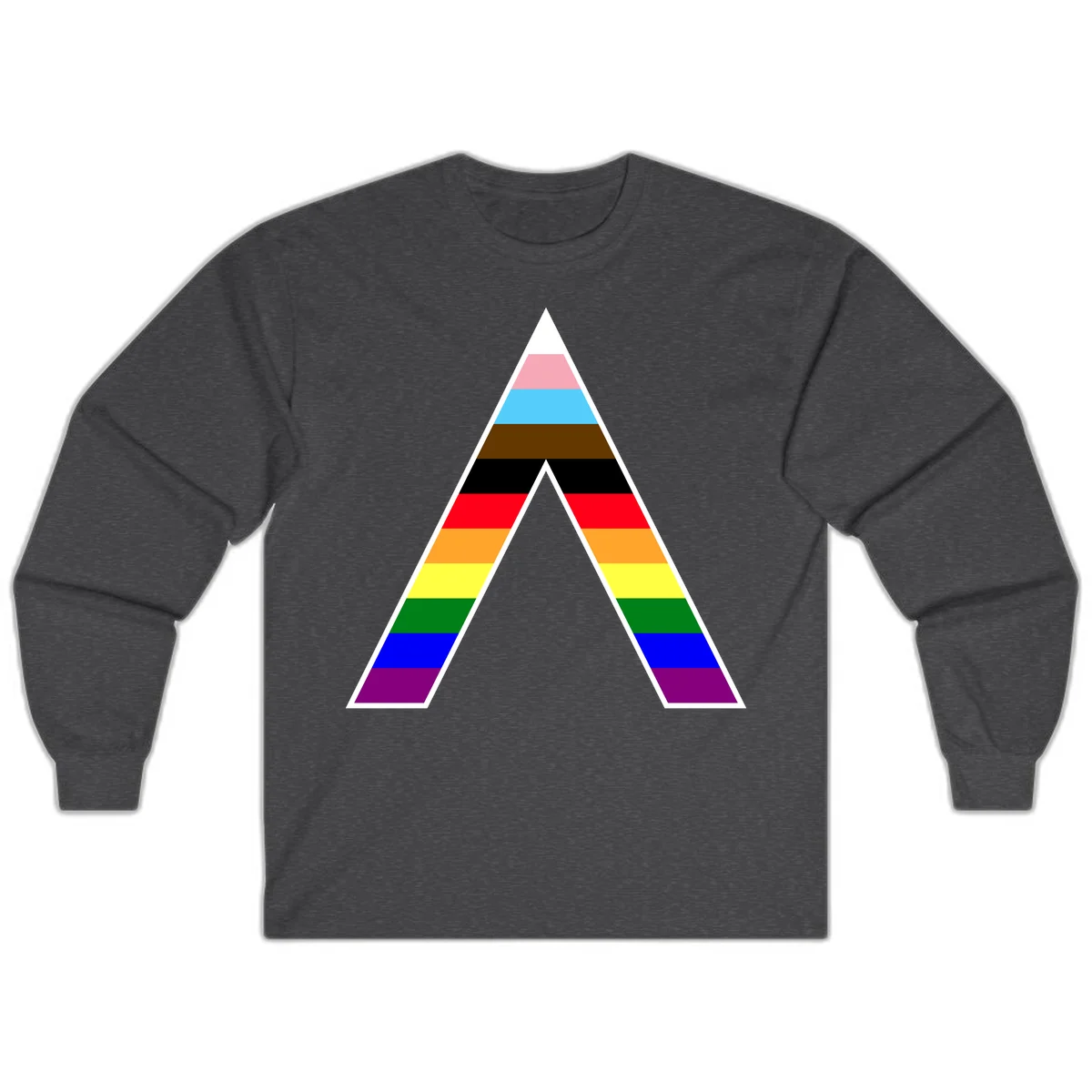 Geometric rainbow pride pyramid with horizontal color stripes and nested triangle cutout design in Dark Heather