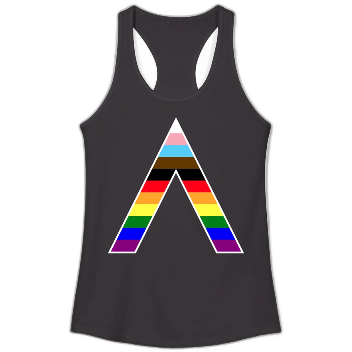 Geometric rainbow pride pyramid with horizontal color stripes and nested triangle cutout design in Black