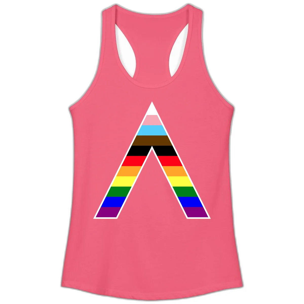 Geometric rainbow pride pyramid with horizontal color stripes and nested triangle cutout design in Hot Pink