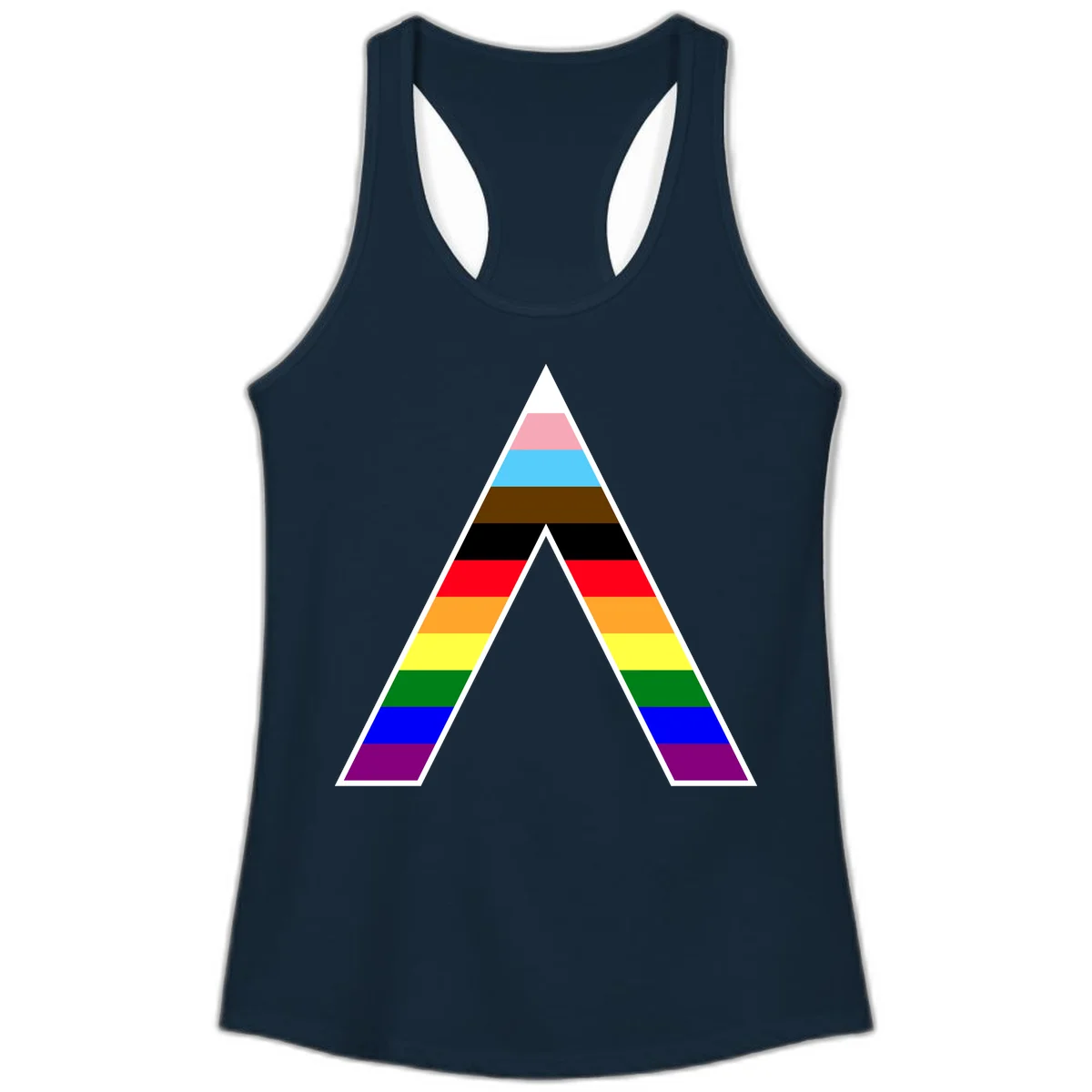 Geometric rainbow pride pyramid with horizontal color stripes and nested triangle cutout design in Solid Midnight Navy