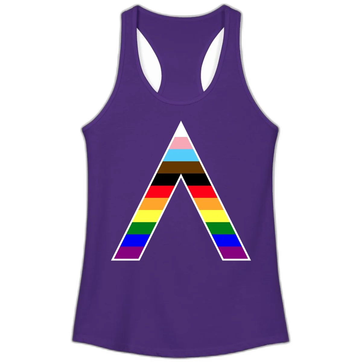 Geometric rainbow pride pyramid with horizontal color stripes and nested triangle cutout design in Solid Purple Rush