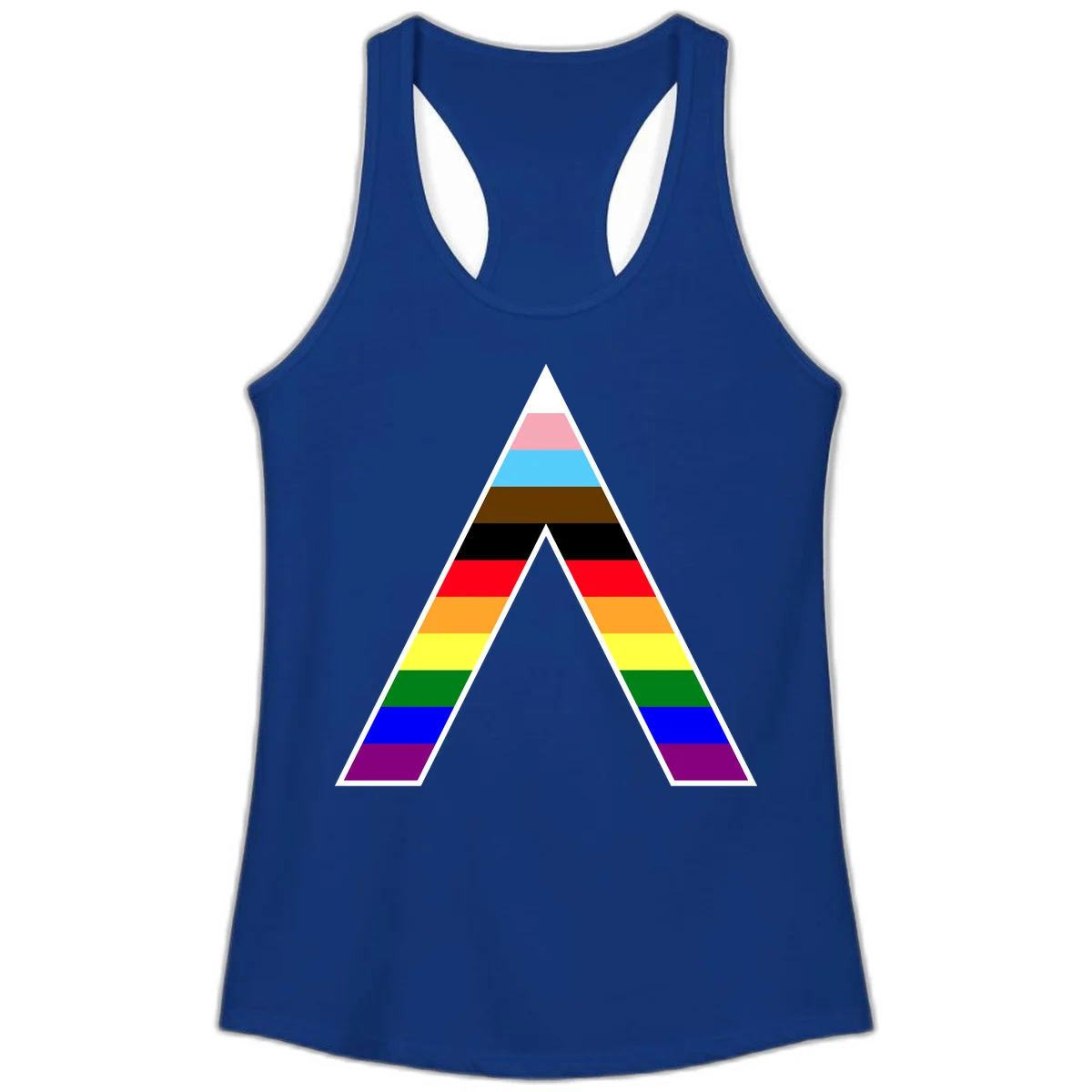 Geometric rainbow pride pyramid with horizontal color stripes and nested triangle cutout design in Solid Royal