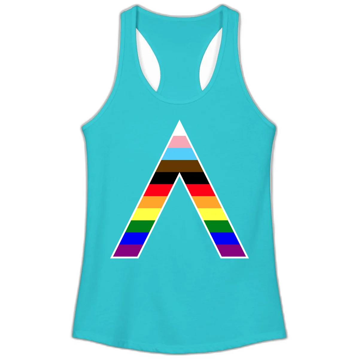 Geometric rainbow pride pyramid with horizontal color stripes and nested triangle cutout design in Solid Tahiti Blue