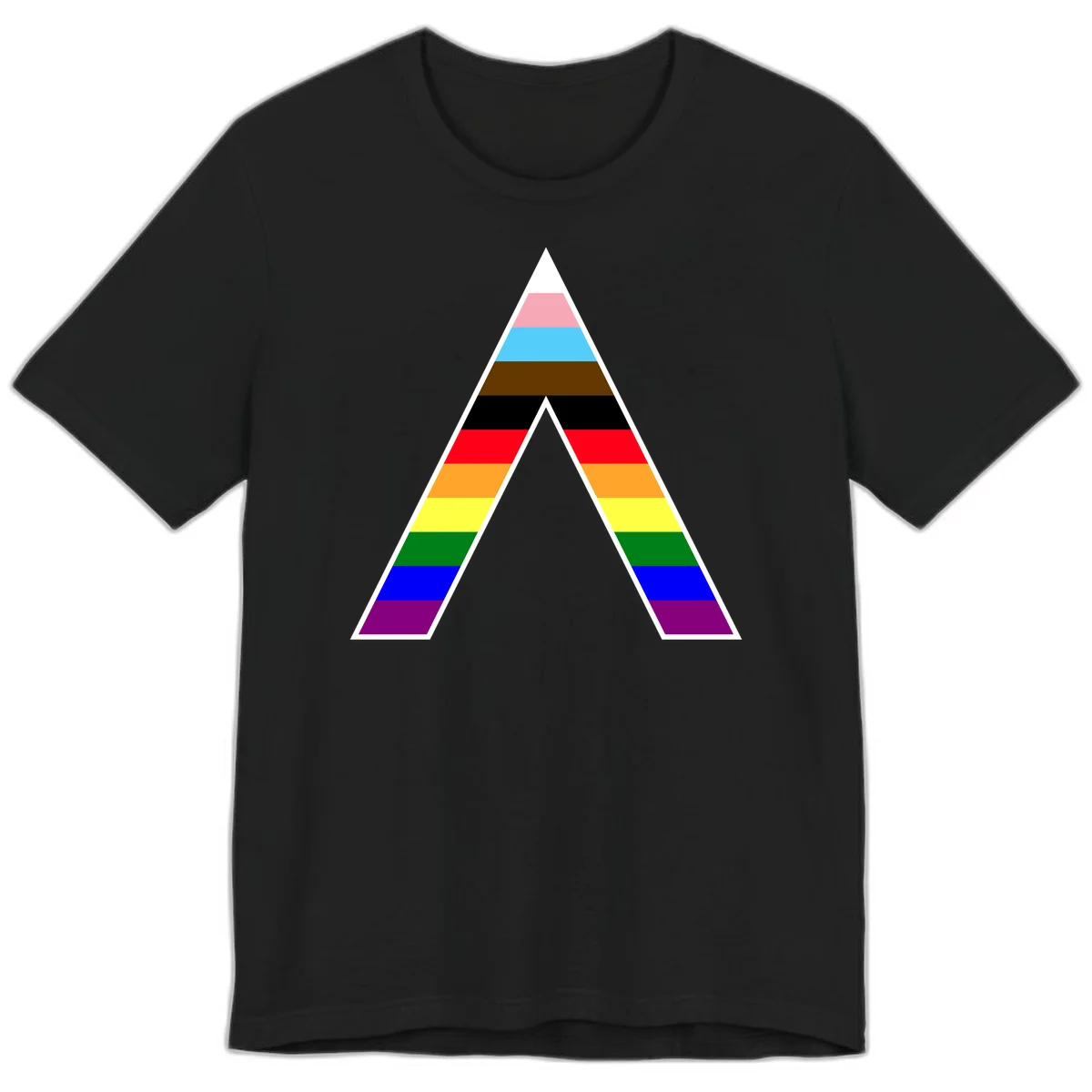 Geometric rainbow pride pyramid with horizontal color stripes and nested triangle cutout design in Black