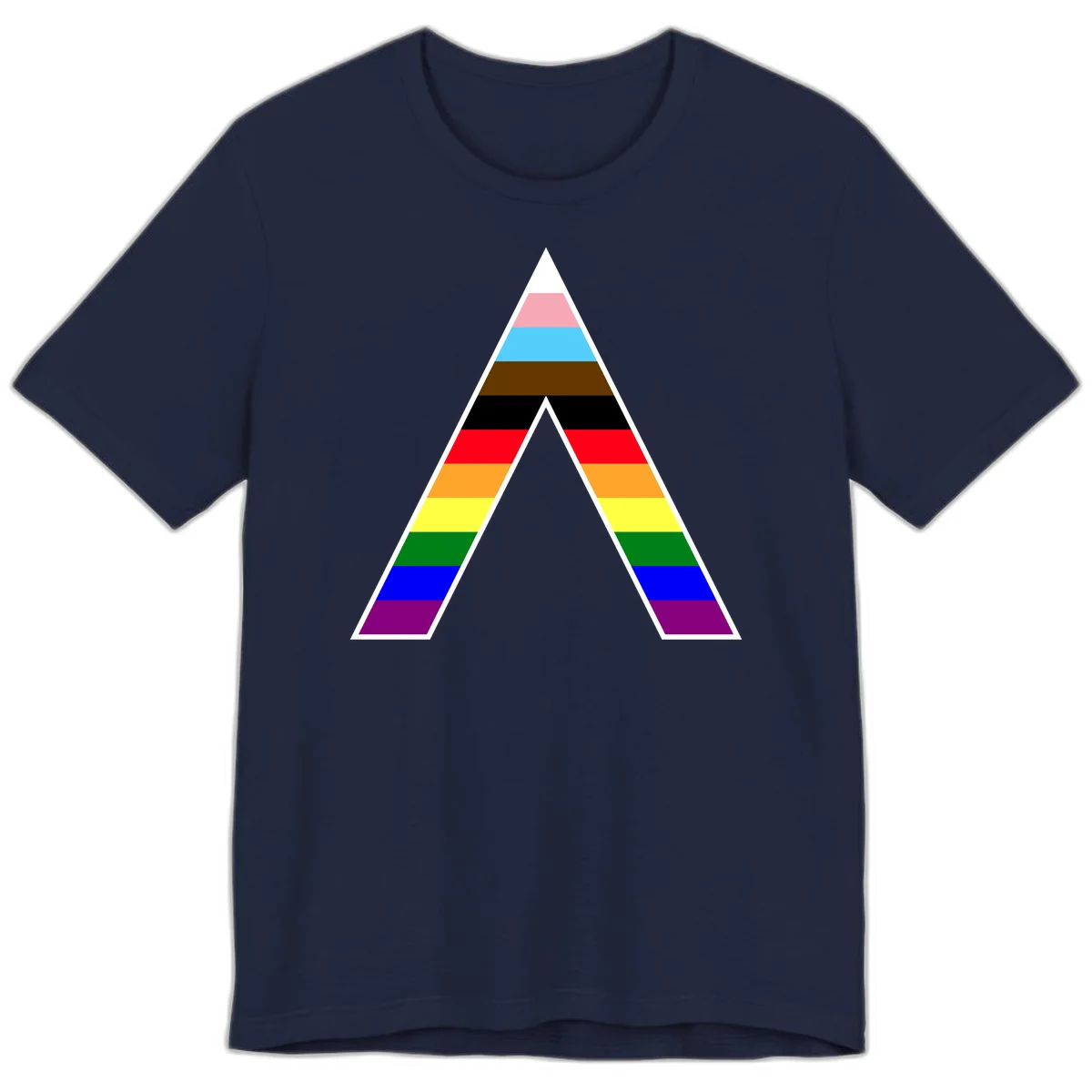 Geometric rainbow pride pyramid with horizontal color stripes and nested triangle cutout design in Navy