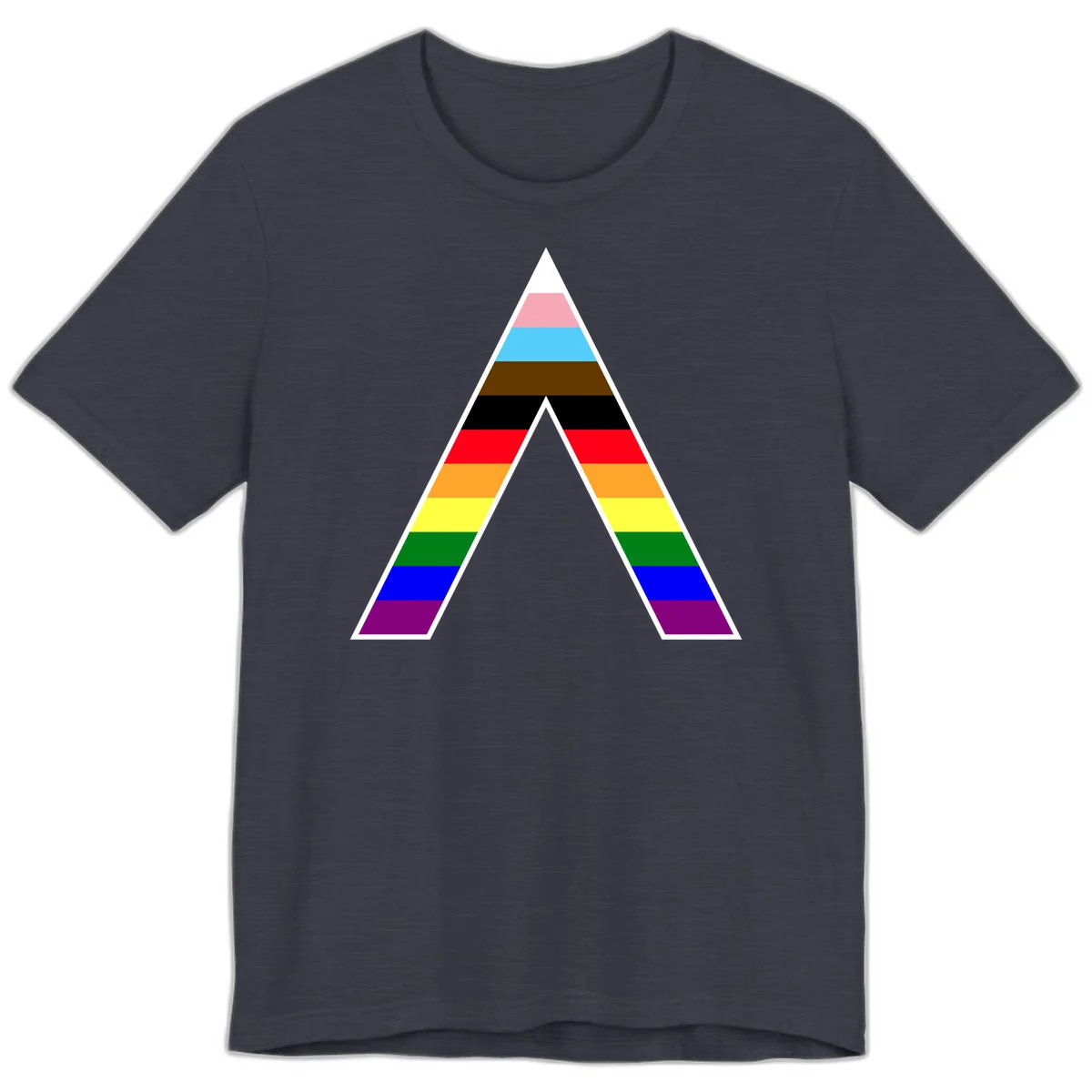 Geometric rainbow pride pyramid with horizontal color stripes and nested triangle cutout design in Heather Midnight Navy