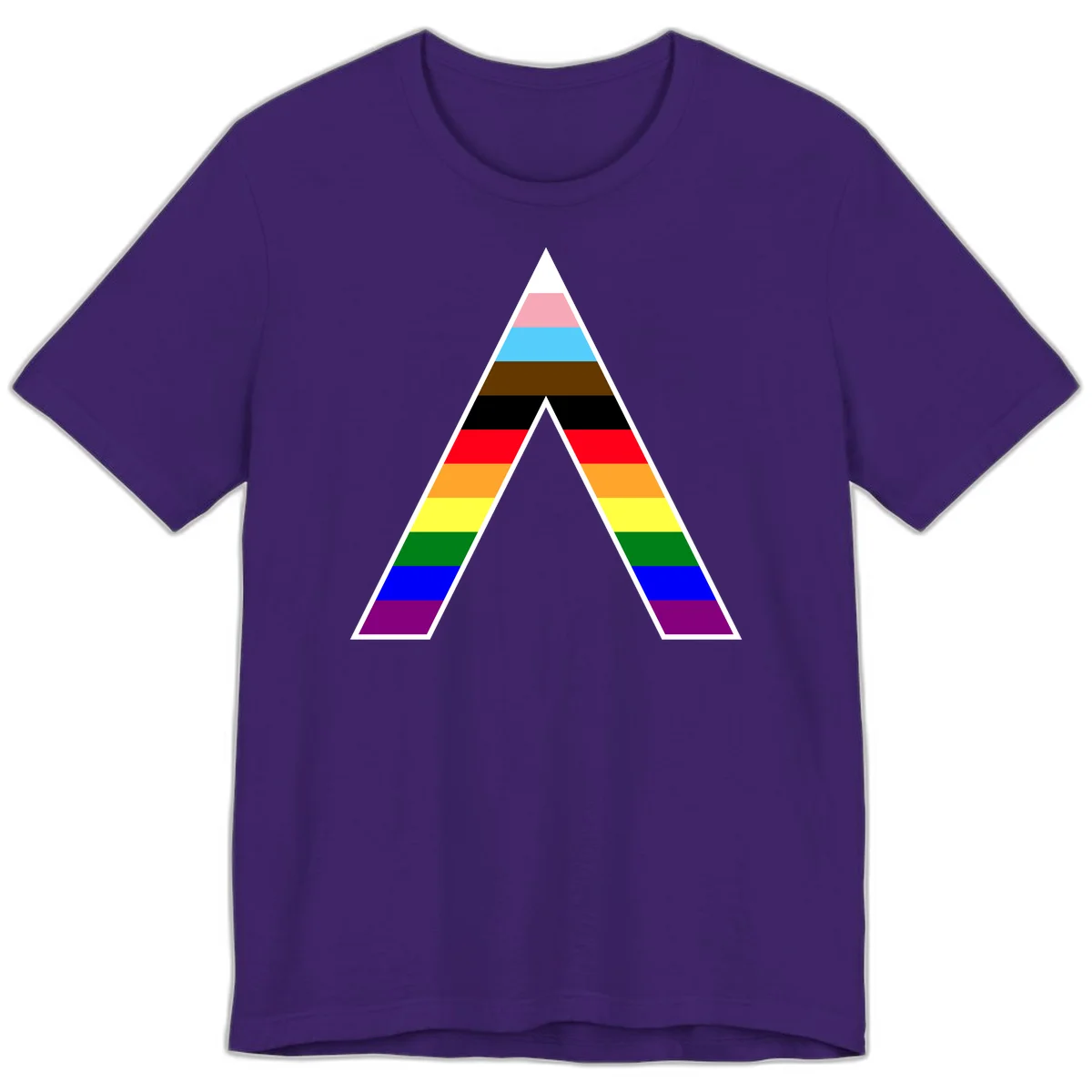 Geometric rainbow pride pyramid with horizontal color stripes and nested triangle cutout design in Team Purple