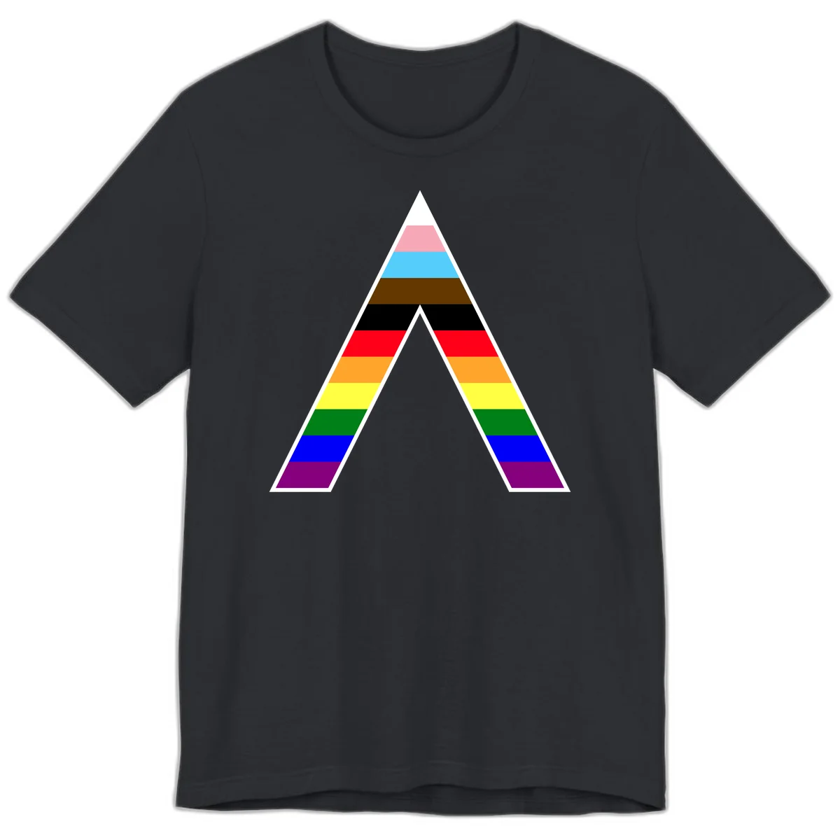 Geometric rainbow pride pyramid with horizontal color stripes and nested triangle cutout design in Vintage Black