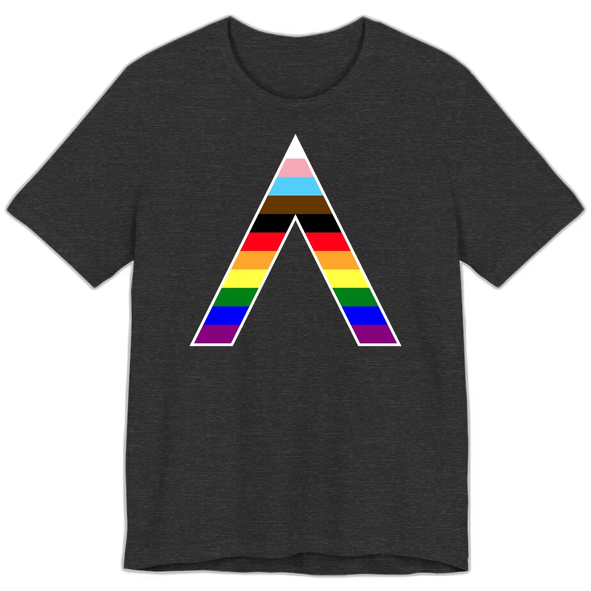 Geometric rainbow pride pyramid with horizontal color stripes and nested triangle cutout design in Dark Grey Heather