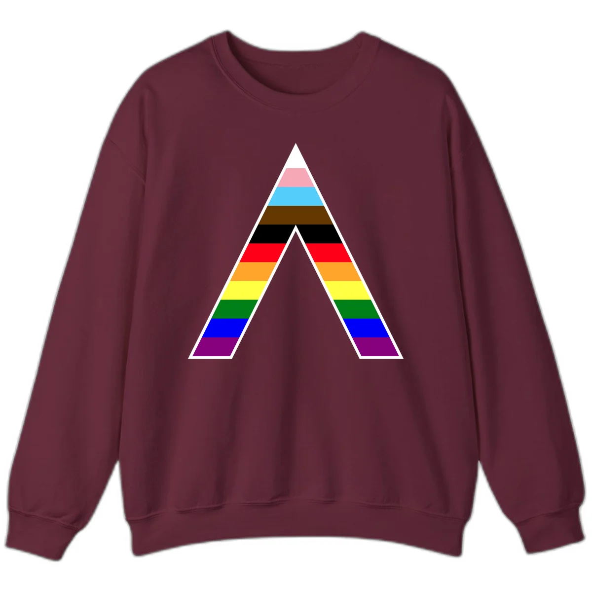 Geometric rainbow pride pyramid with horizontal color stripes and nested triangle cutout design in Maroon