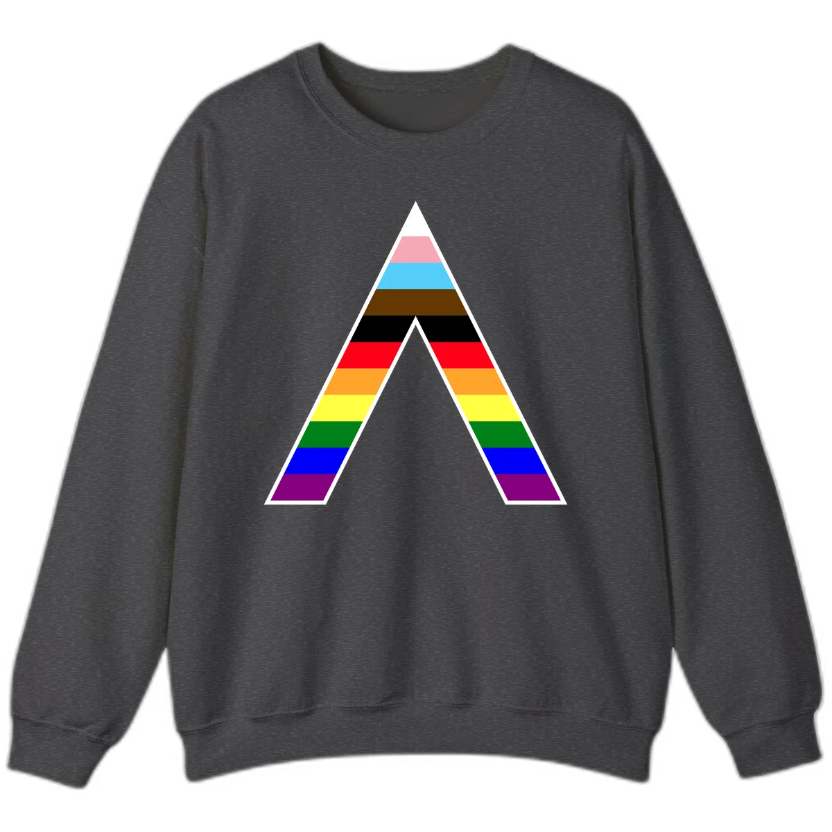 Geometric rainbow pride pyramid with horizontal color stripes and nested triangle cutout design in Dark Heather