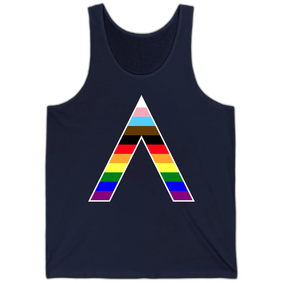 Geometric rainbow pride pyramid with horizontal color stripes and nested triangle cutout design in Navy