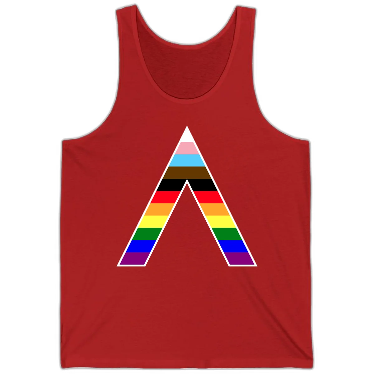 Geometric rainbow pride pyramid with horizontal color stripes and nested triangle cutout design in Red