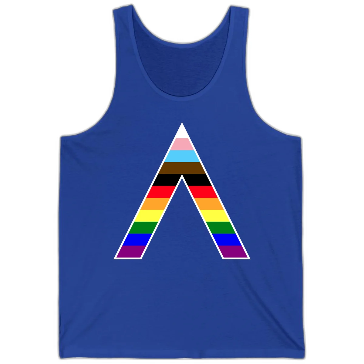 Geometric rainbow pride pyramid with horizontal color stripes and nested triangle cutout design in True Royal