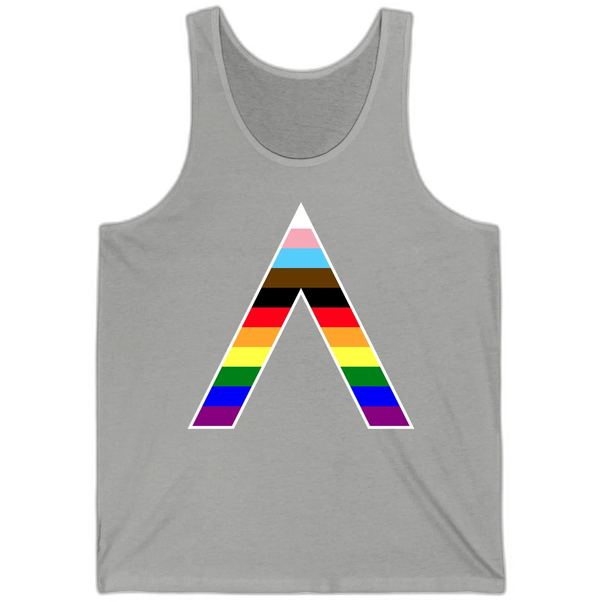 Geometric rainbow pride pyramid with horizontal color stripes and nested triangle cutout design in Athletic Heather