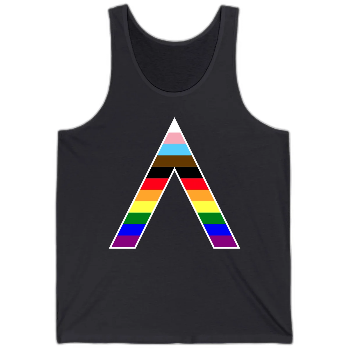 Geometric rainbow pride pyramid with horizontal color stripes and nested triangle cutout design in Dark Grey