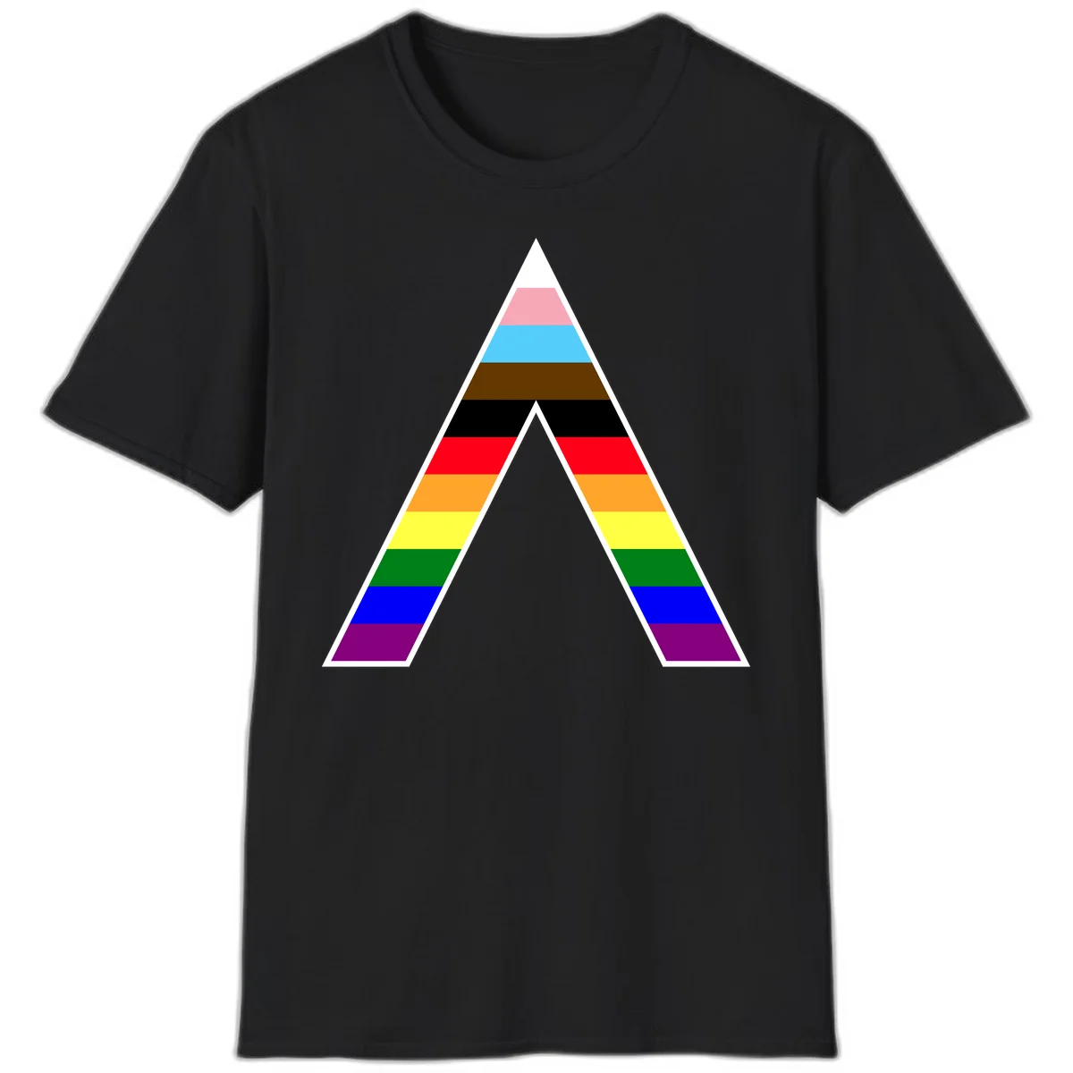 Geometric rainbow pride pyramid with horizontal color stripes and nested triangle cutout design in Black