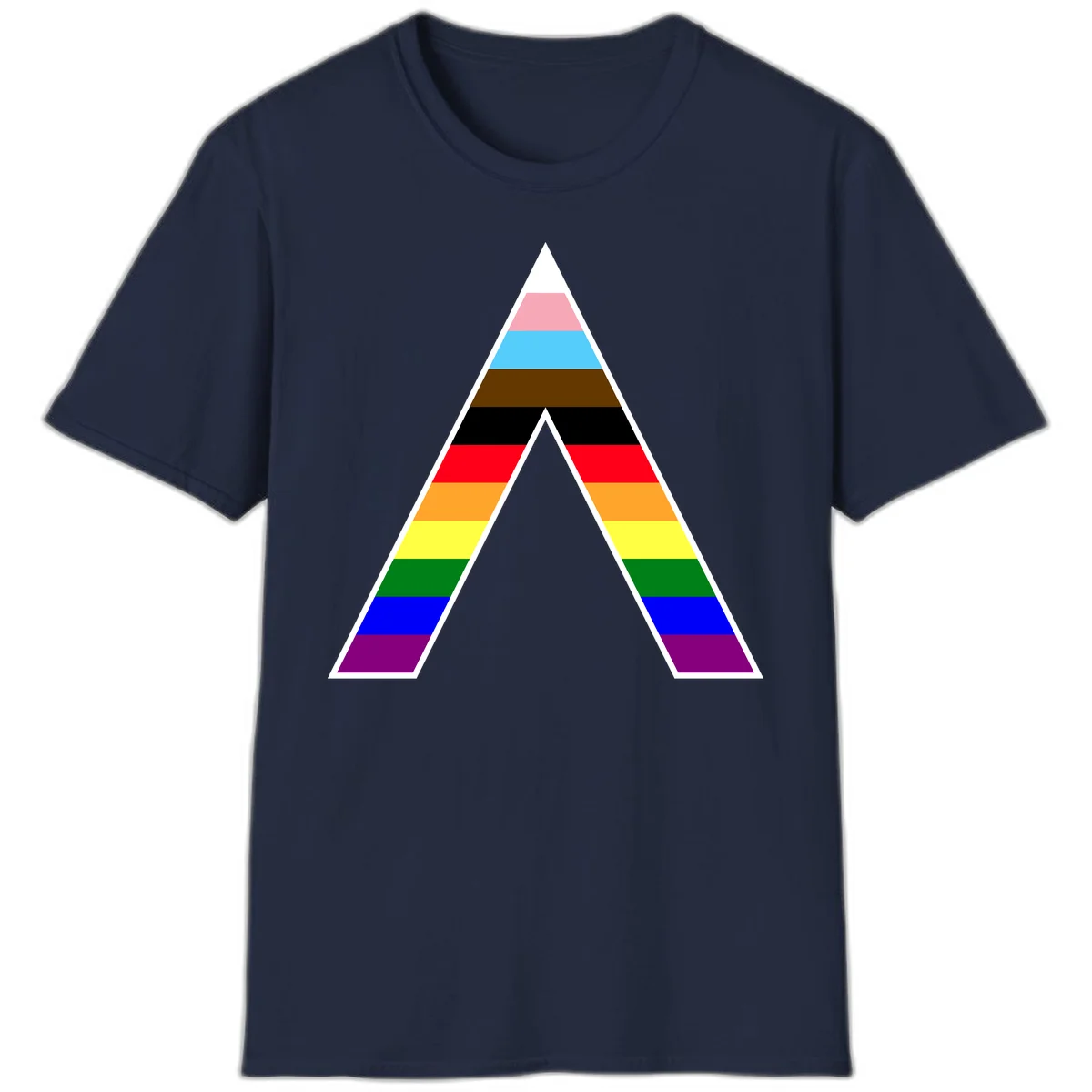 Geometric rainbow pride pyramid with horizontal color stripes and nested triangle cutout design in Navy