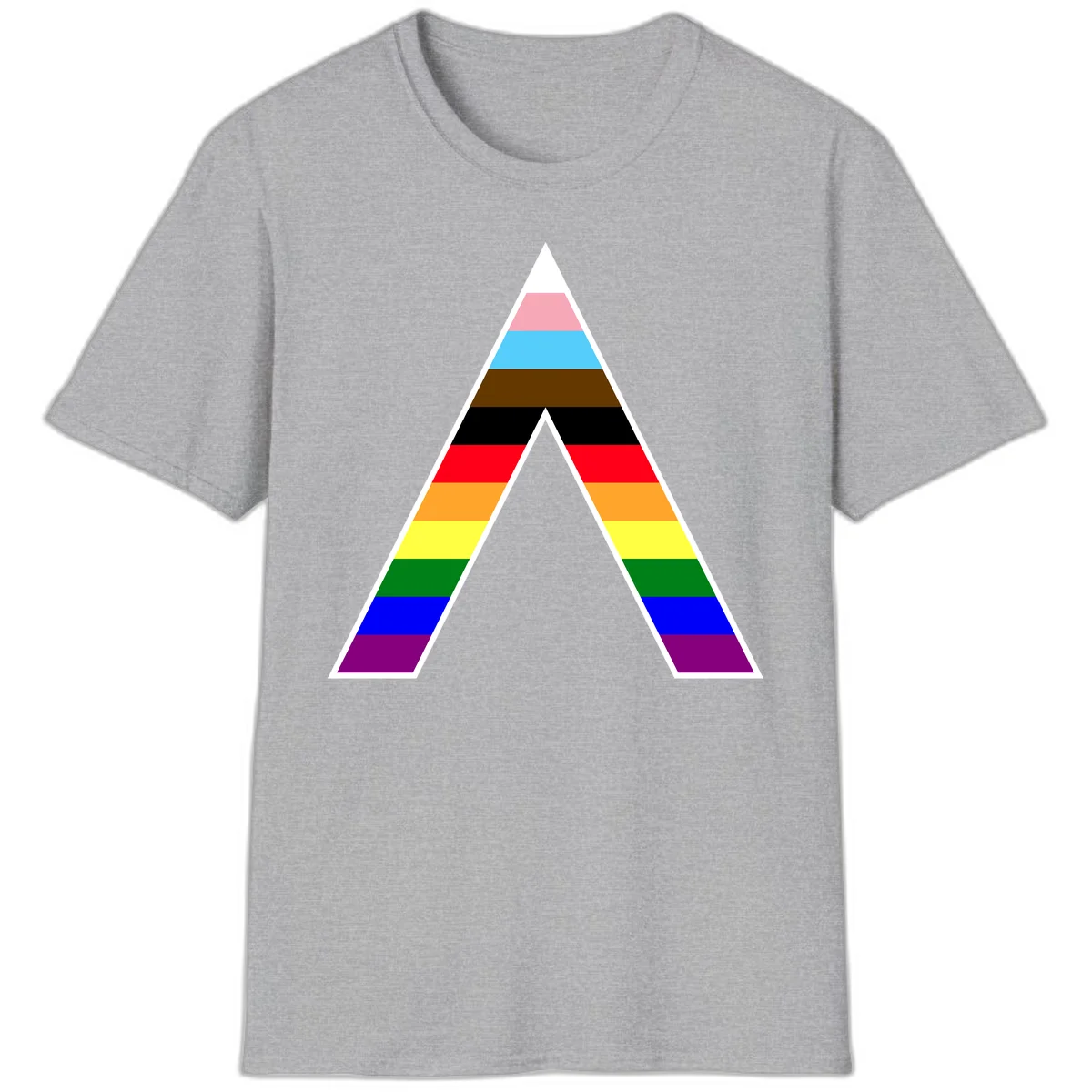 Geometric rainbow pride pyramid with horizontal color stripes and nested triangle cutout design in Sport Grey