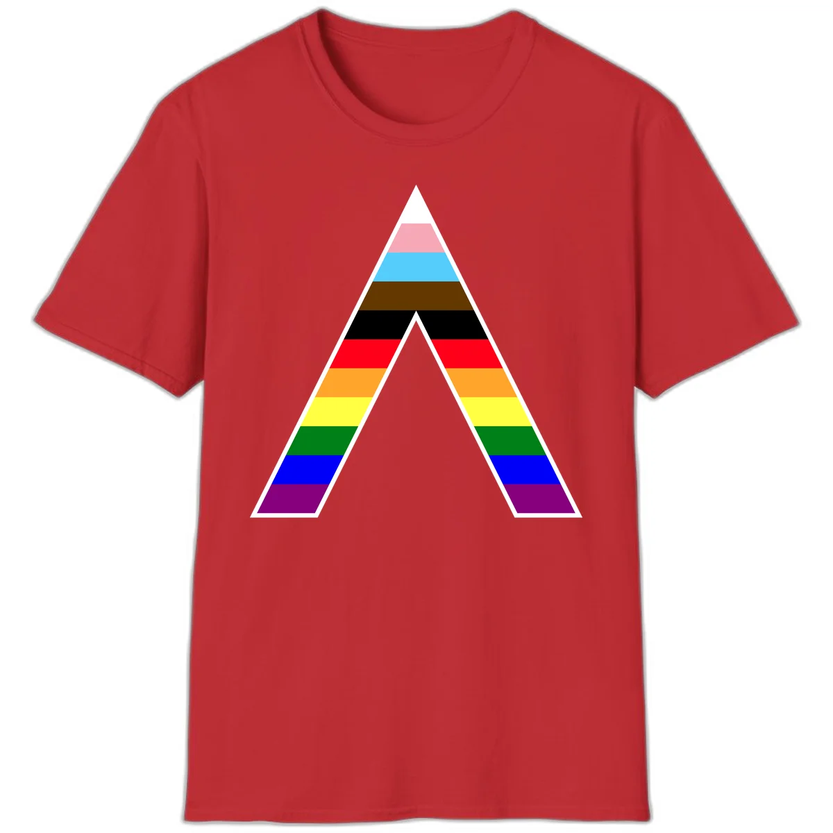 Geometric rainbow pride pyramid with horizontal color stripes and nested triangle cutout design in Red