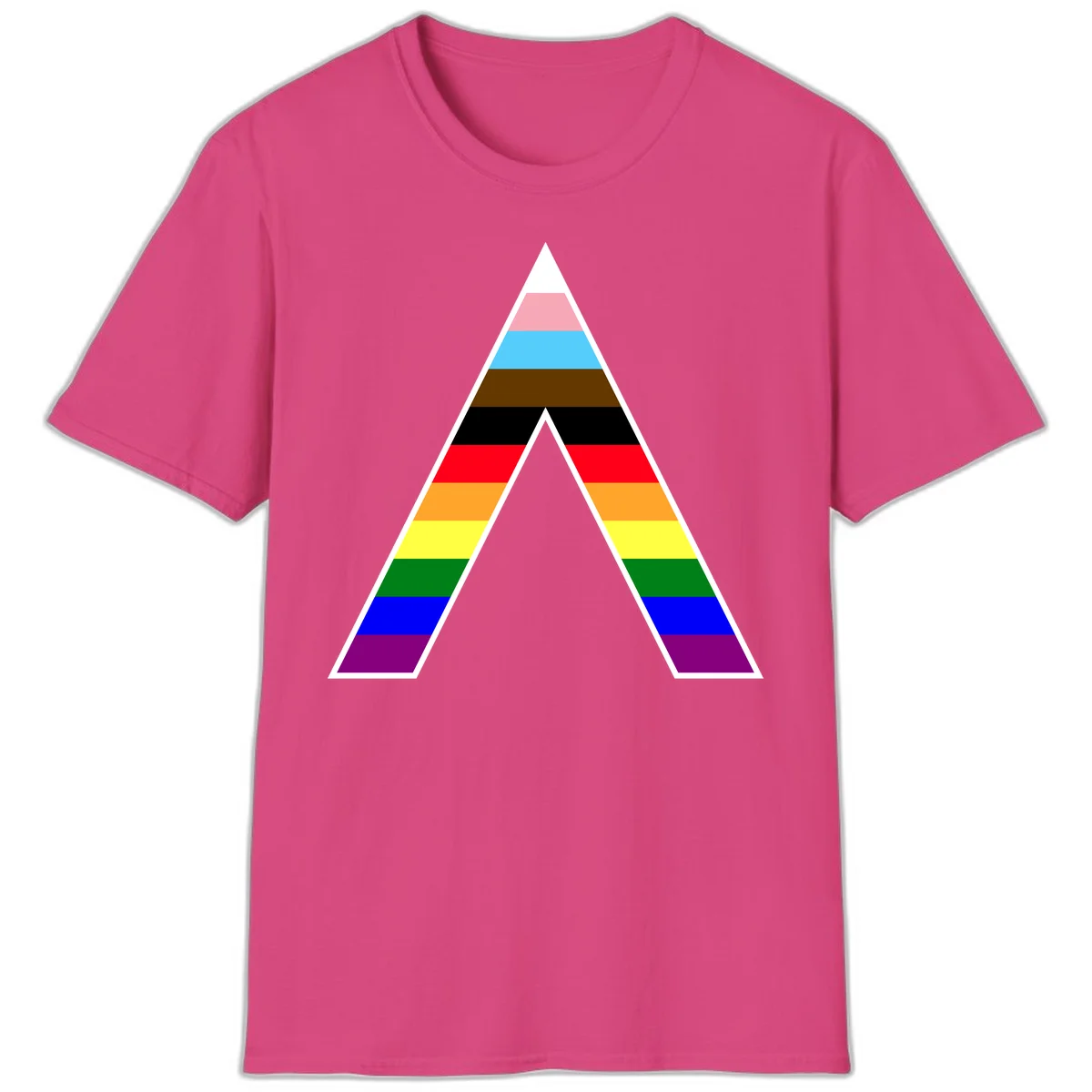 Geometric rainbow pride pyramid with horizontal color stripes and nested triangle cutout design in Heliconia