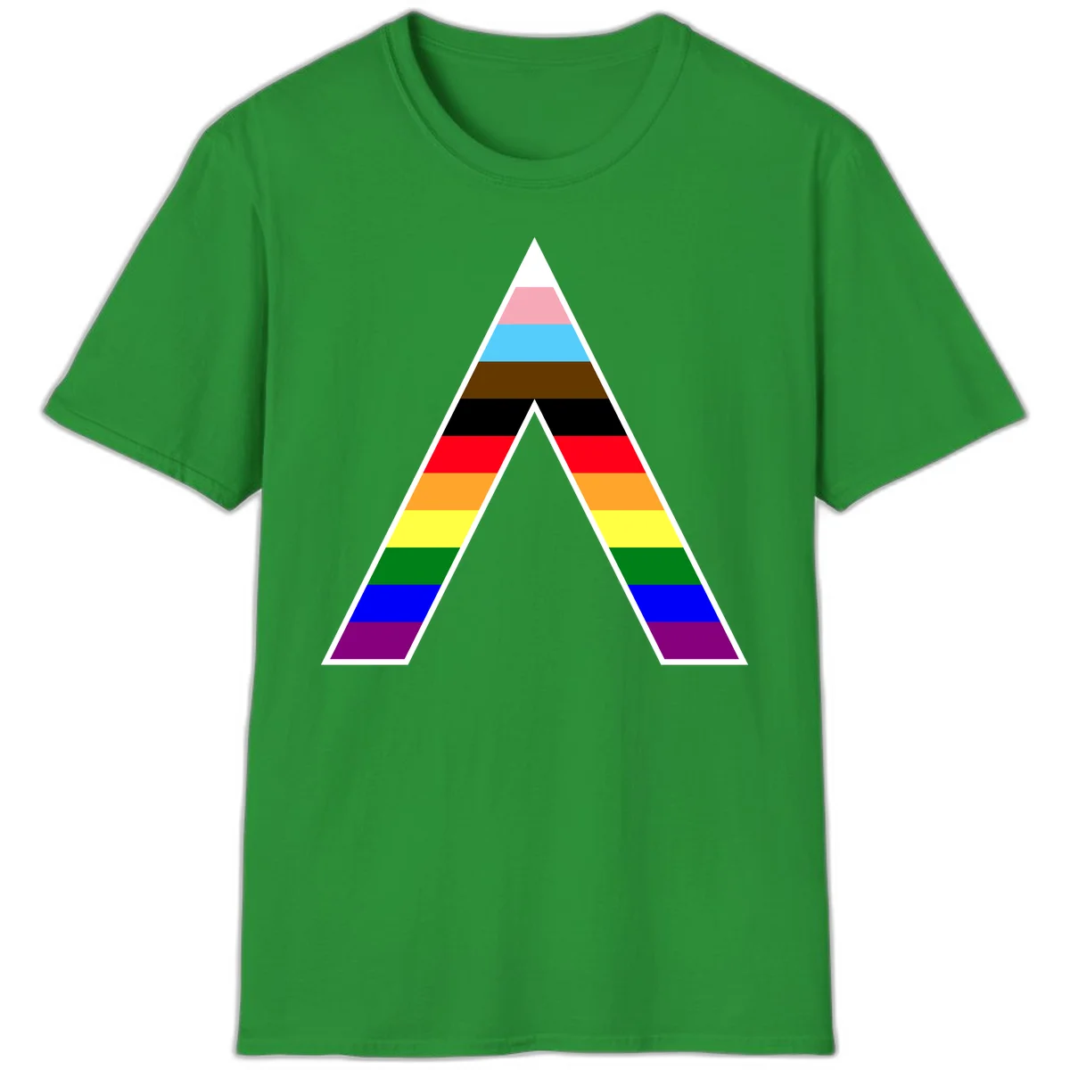 Geometric rainbow pride pyramid with horizontal color stripes and nested triangle cutout design in Irish Green