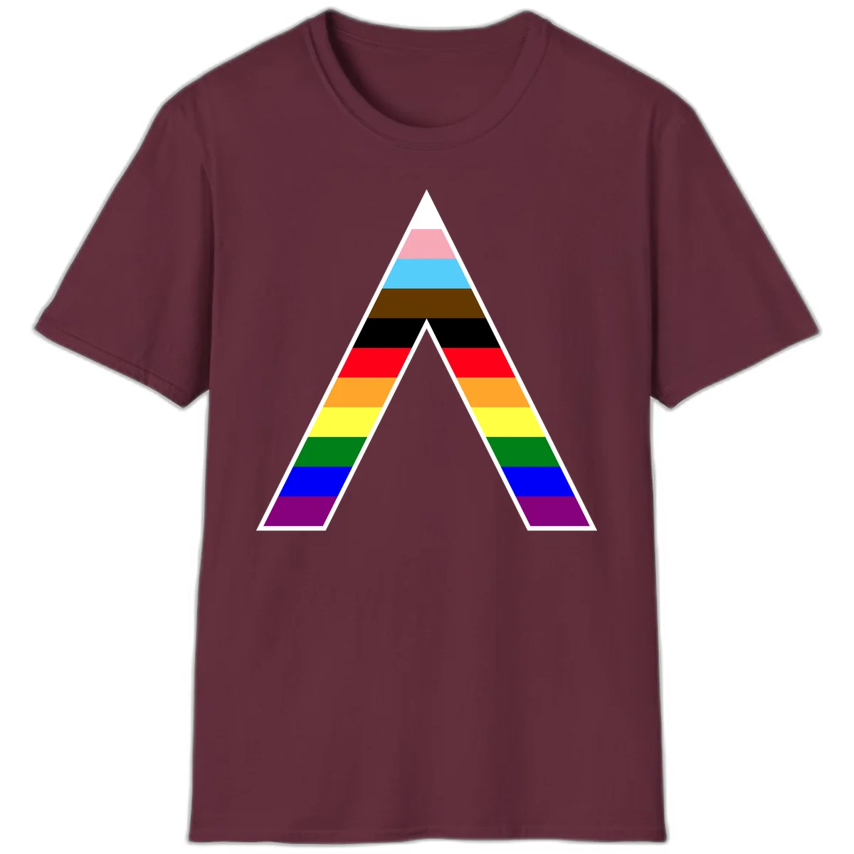 Geometric rainbow pride pyramid with horizontal color stripes and nested triangle cutout design in Maroon