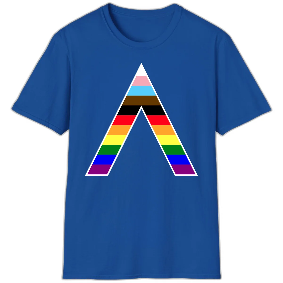 Geometric rainbow pride pyramid with horizontal color stripes and nested triangle cutout design in Royal