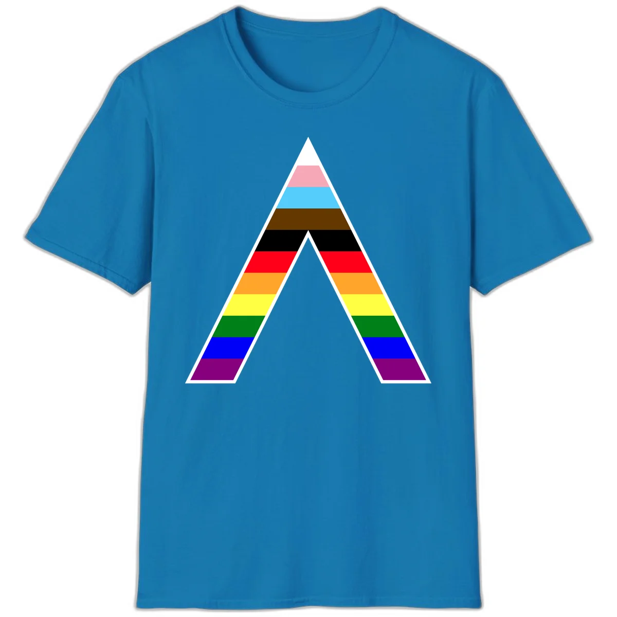 Geometric rainbow pride pyramid with horizontal color stripes and nested triangle cutout design in Sapphire